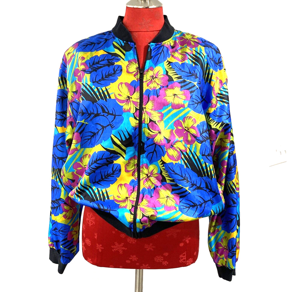 Retro 1980s silky bomber jacket zip front pockets 12 Impressions California USA - Picture 9 of 11